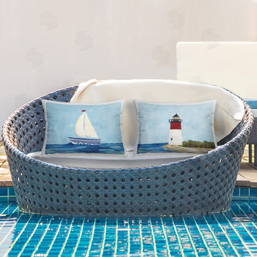Julie DeRice Nautical Sail the Sea Lighthouse  Outdoor Quick-Dry Polyester Printed Throw Pillow in Back Yard
