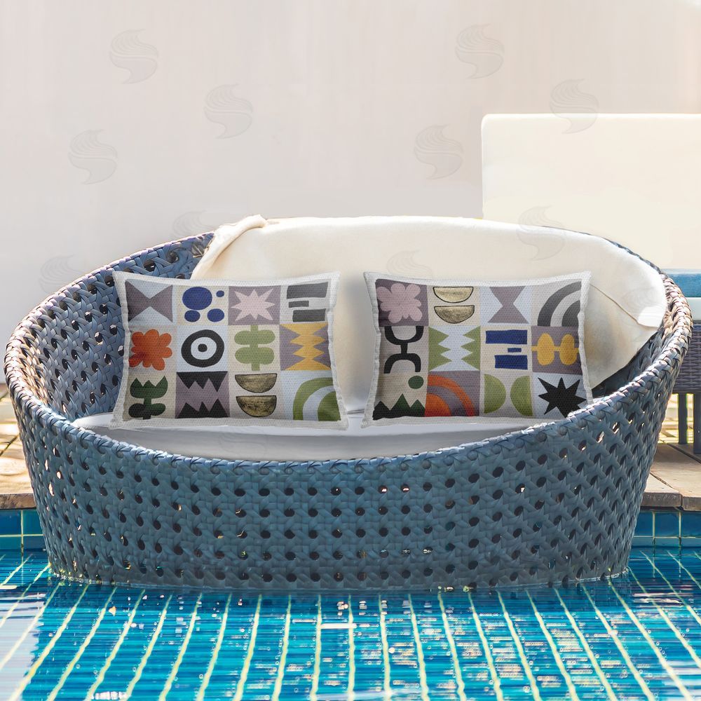 Michael Willett Bohemian Shapes Squares Outdoor Quick-Dry Polyester Printed Throw Pillow in Back Yard