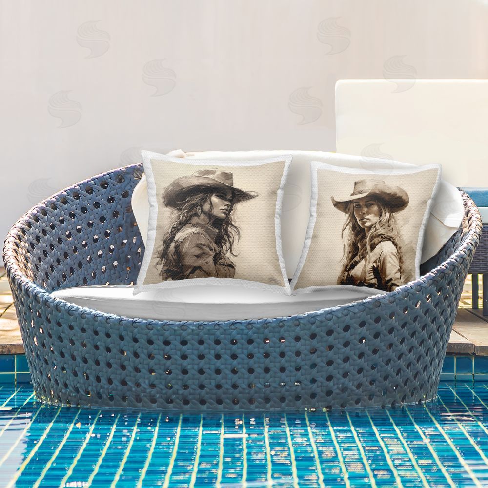 RB Cowgirl Beauty Portraits Outdoor Quick-Dry Polyester Printed Throw Pillow in Back Yard