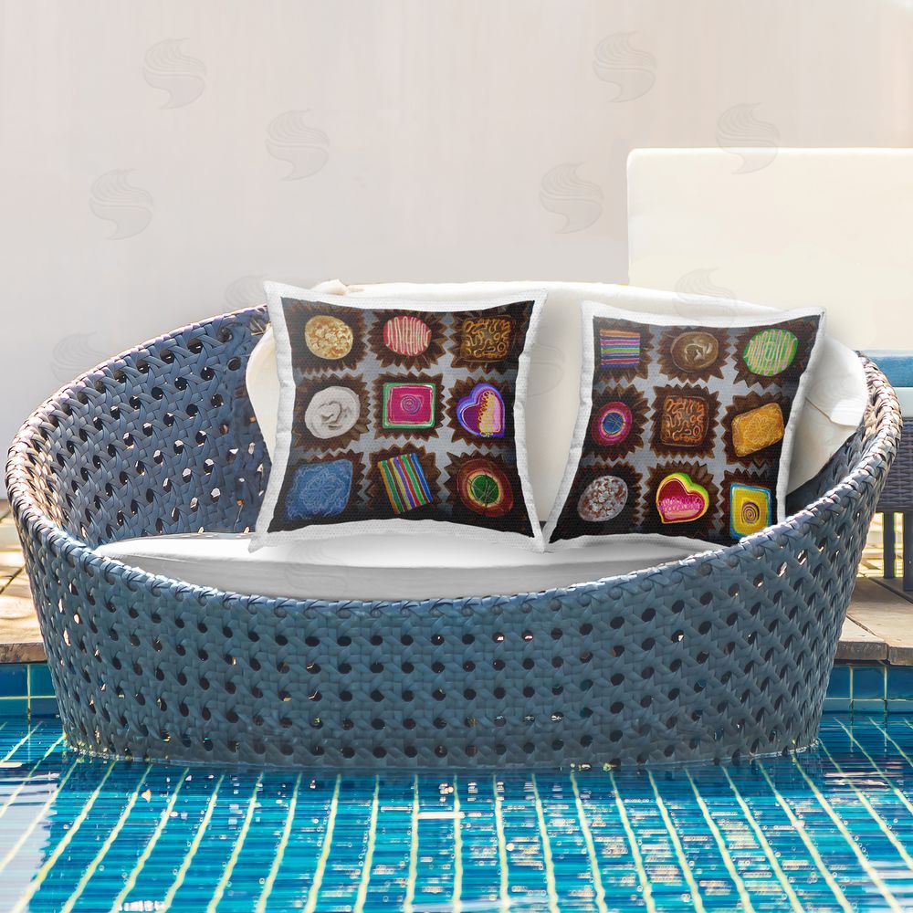 Liz Jardine Mixed Box of Chocolates Outdoor Quick-Dry Polyester Printed Throw Pillow in Back Yard