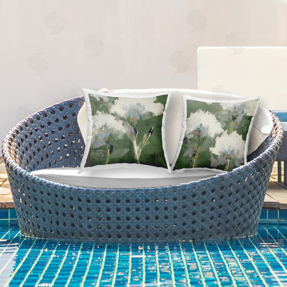 Liz Jardine Puffy White Florets Outdoor Quick-Dry Polyester Printed Throw Pillow in Back Yard