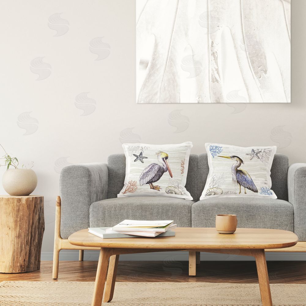 Elena Vladykina Coastal Pelican and Heron Printed Plush Polyester Throw Pillow On Chair