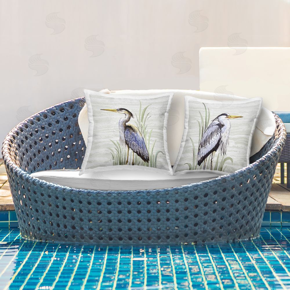 Elena Vladykina Egrets in Tall Grass Outdoor Quick-Dry Polyester Printed Throw Pillow in Back Yard