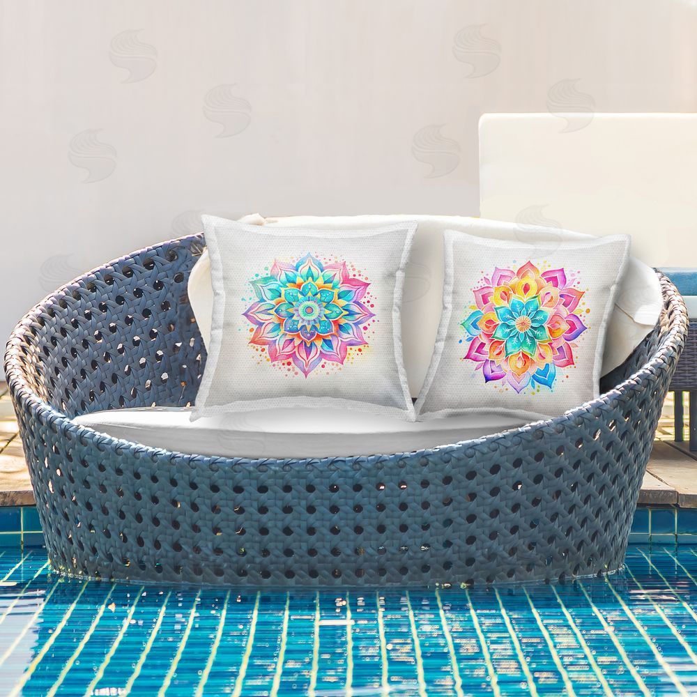 Andrea Haase Magic Bright Hued Mandala Outdoor Quick-Dry Polyester Printed Throw Pillow in Back Yard