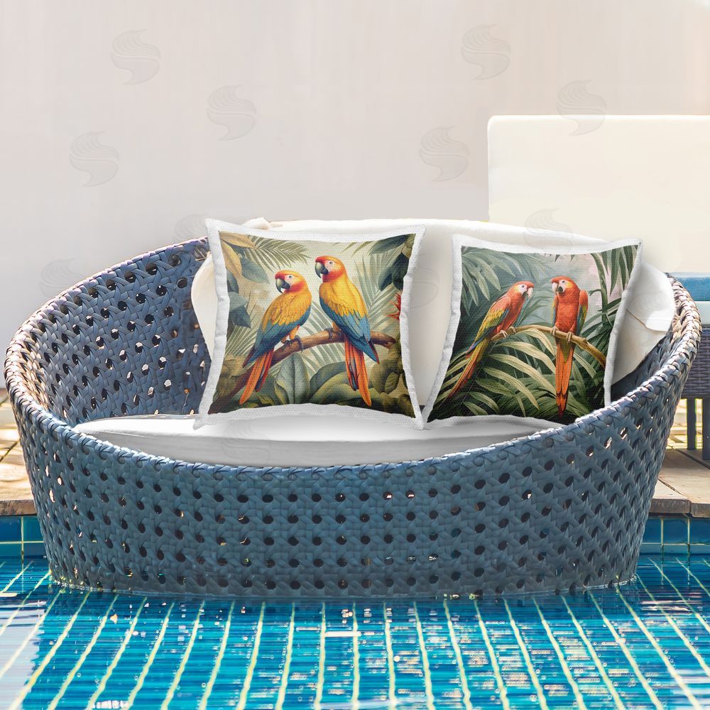 Steve Hunziker Parrots Resting on Branches Outdoor Quick-Dry Polyester Printed Throw Pillow in Back Yard