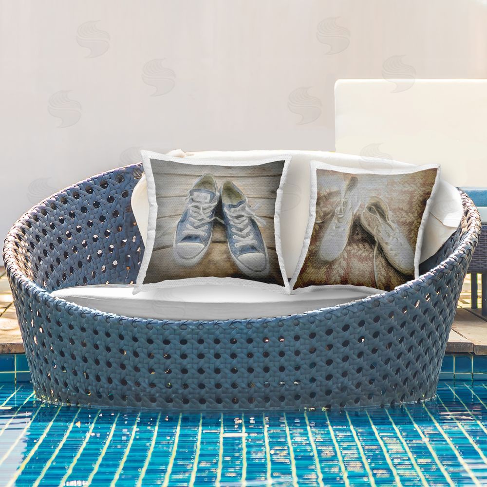 Graffitee Studios Blue & White Classic Sneakers Outdoor Quick-Dry Polyester Printed Throw Pillow in Back Yard