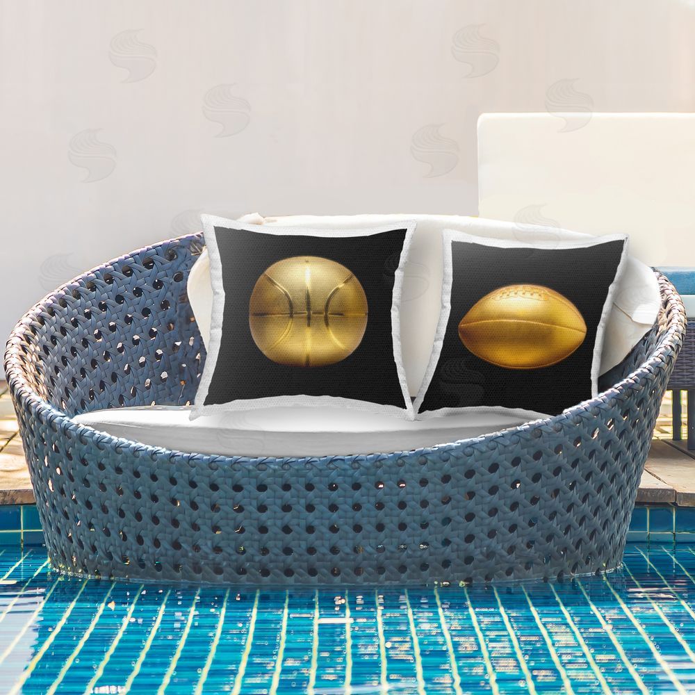 Graffitee Studios Gold Football & Basketball Outdoor Quick-Dry Polyester Printed Throw Pillow in Back Yard