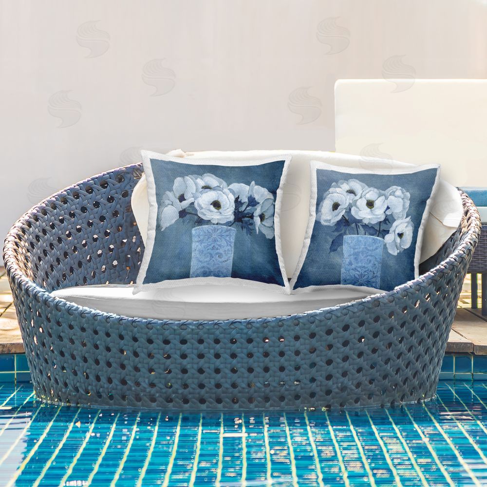 Janet Tava Blue and White Poppies Outdoor Quick-Dry Polyester Printed Throw Pillow in Back Yard