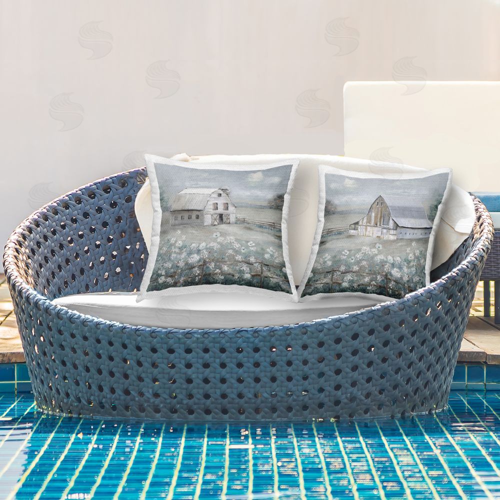 Sally Swatland Farm Barns Blue Meadows Outdoor Quick-Dry Polyester Printed Throw Pillow in Back Yard