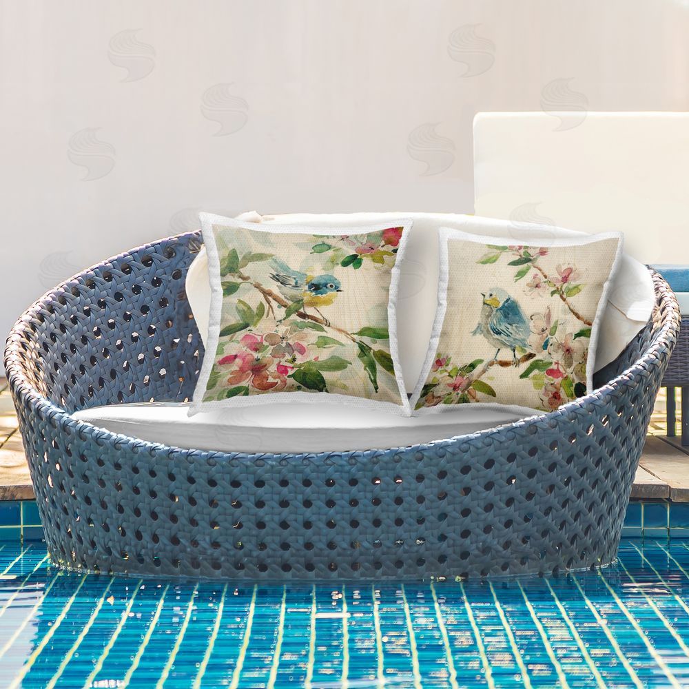 Carol Robinson Perched Spring Birds Outdoor Quick-Dry Polyester Printed Throw Pillow in Back Yard