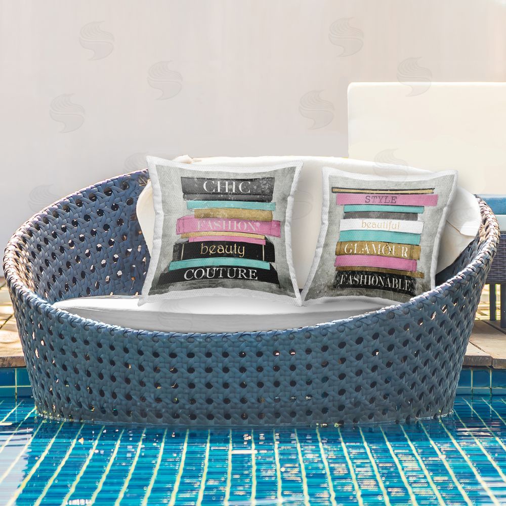 Carol Robinson Fashion Book Stacks Outdoor Quick-Dry Polyester Printed Throw Pillow in Back Yard