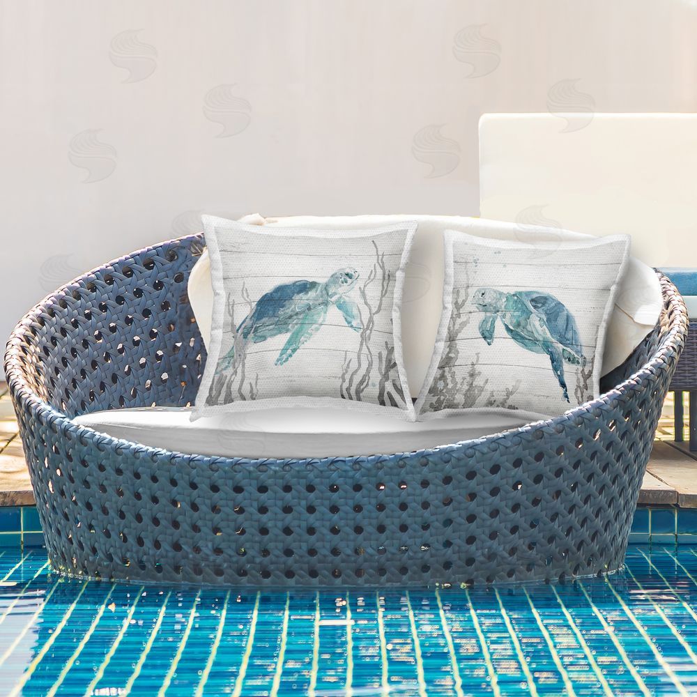 Carol Robinson Aqua Turtles on Rustic Pattern Outdoor Quick-Dry Polyester Printed Throw Pillow in Back Yard