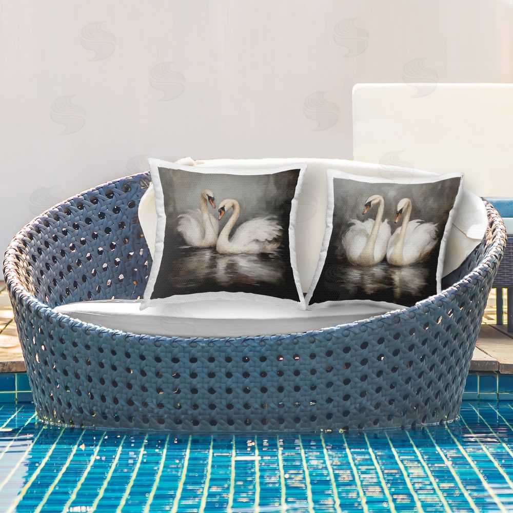 Novae Twin Swans with Reflections Outdoor Quick-Dry Polyester Printed Throw Pillow in Back Yard