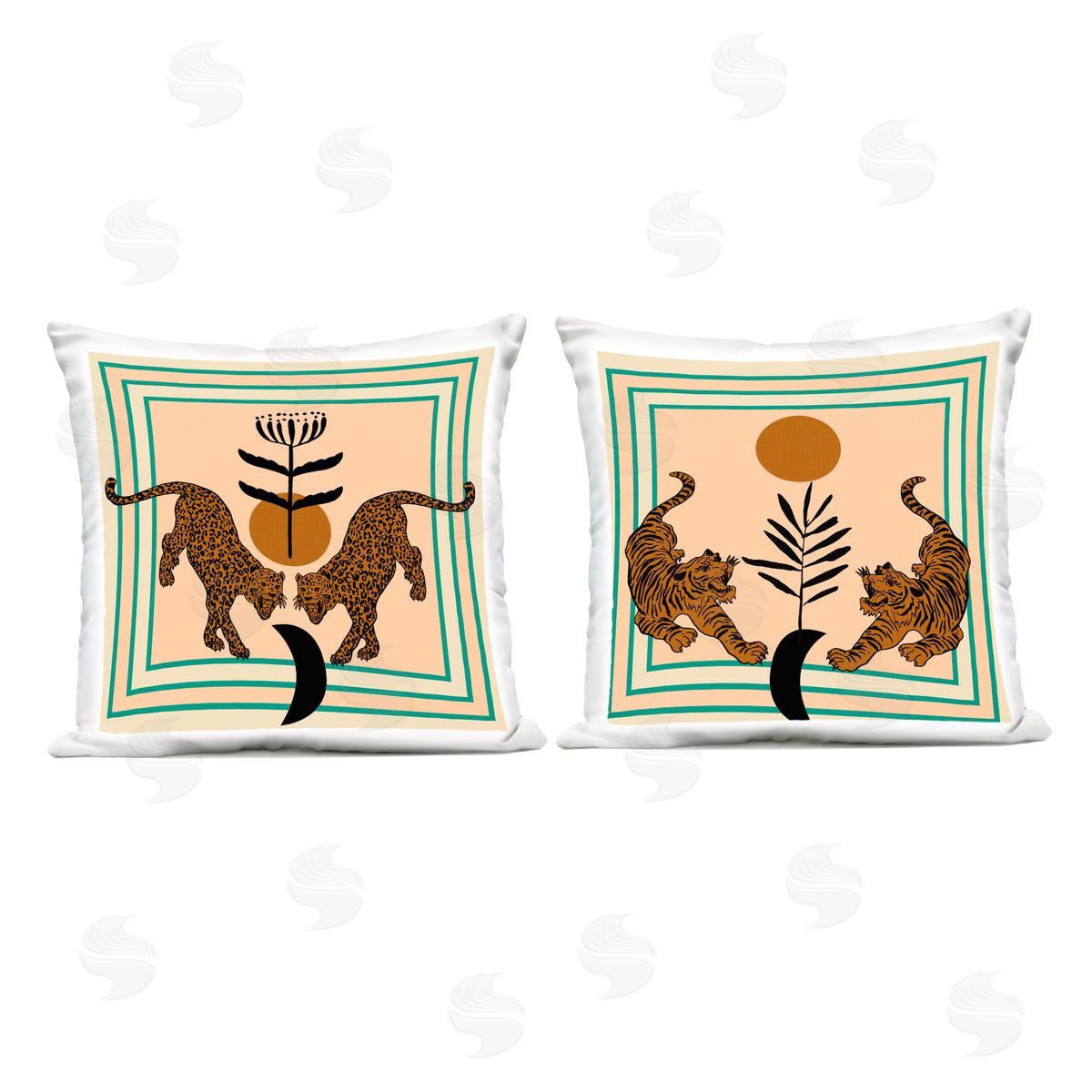 Melissa Wang Boho Symmetrical Wild Cats Outdoor Quick-Dry Polyester Printed Throw Pillow