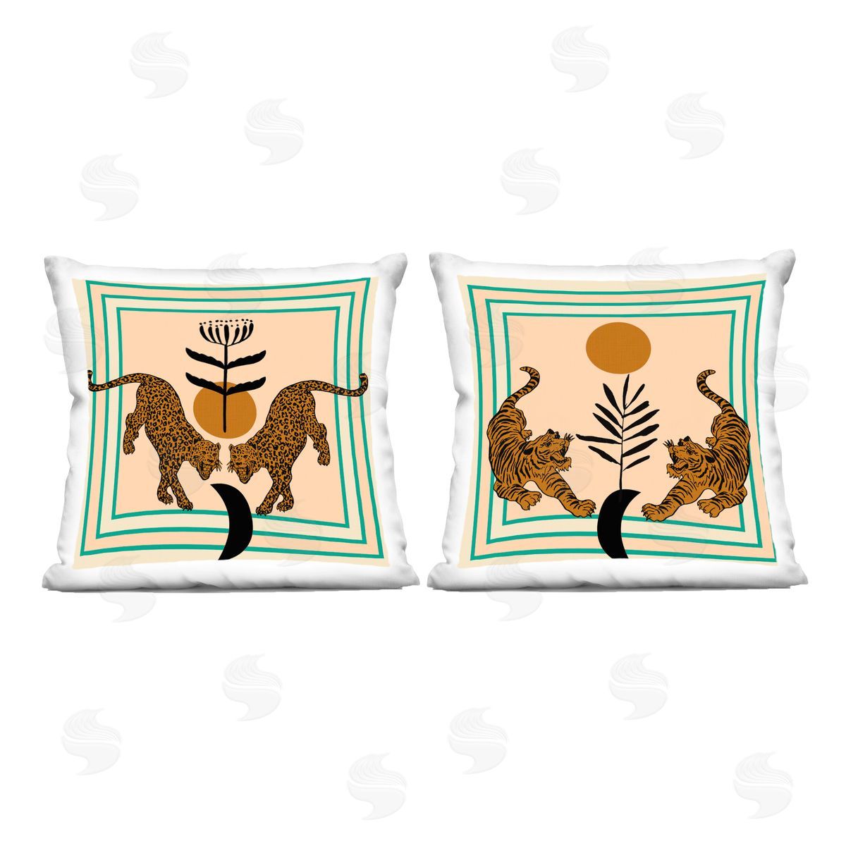 Melissa Wang Boho Symmetrical Wild Cats Printed Plush Polyester Throw Pillow