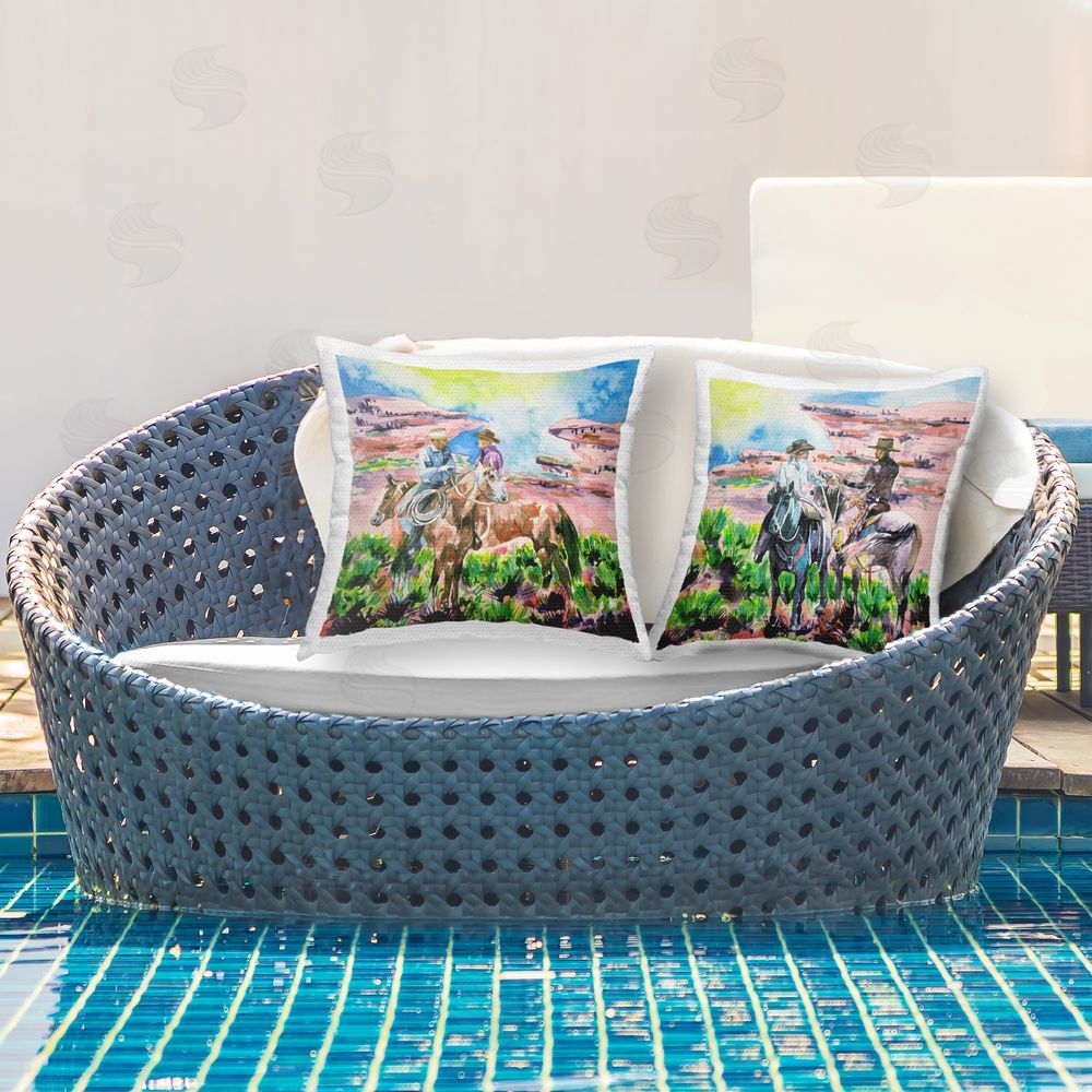 Melissa Wang Cowboys Under Western Sun Outdoor Quick-Dry Polyester Printed Throw Pillow in Back Yard