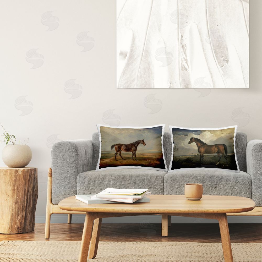 James Ward Horses in Desolate Terrain Printed Plush Polyester Throw Pillow On Chair