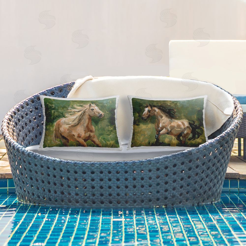 Victoria Barnes Trotting Horse Visages Outdoor Quick-Dry Polyester Printed Throw Pillow in Back Yard