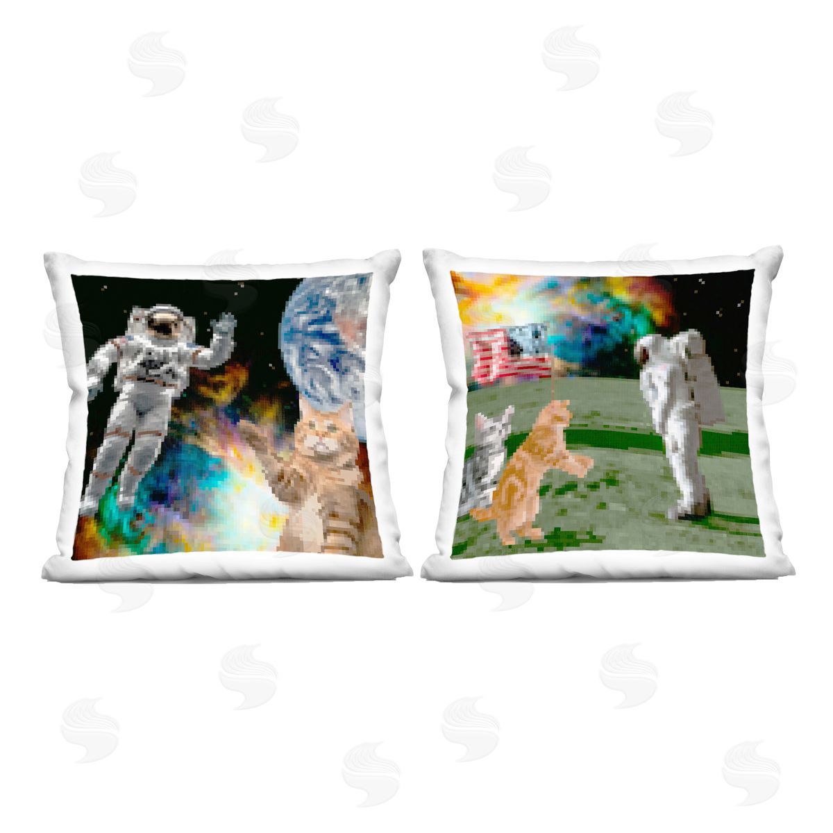 June Erica Vess Cats & Astronauts in Space Printed Plush Polyester Throw Pillow