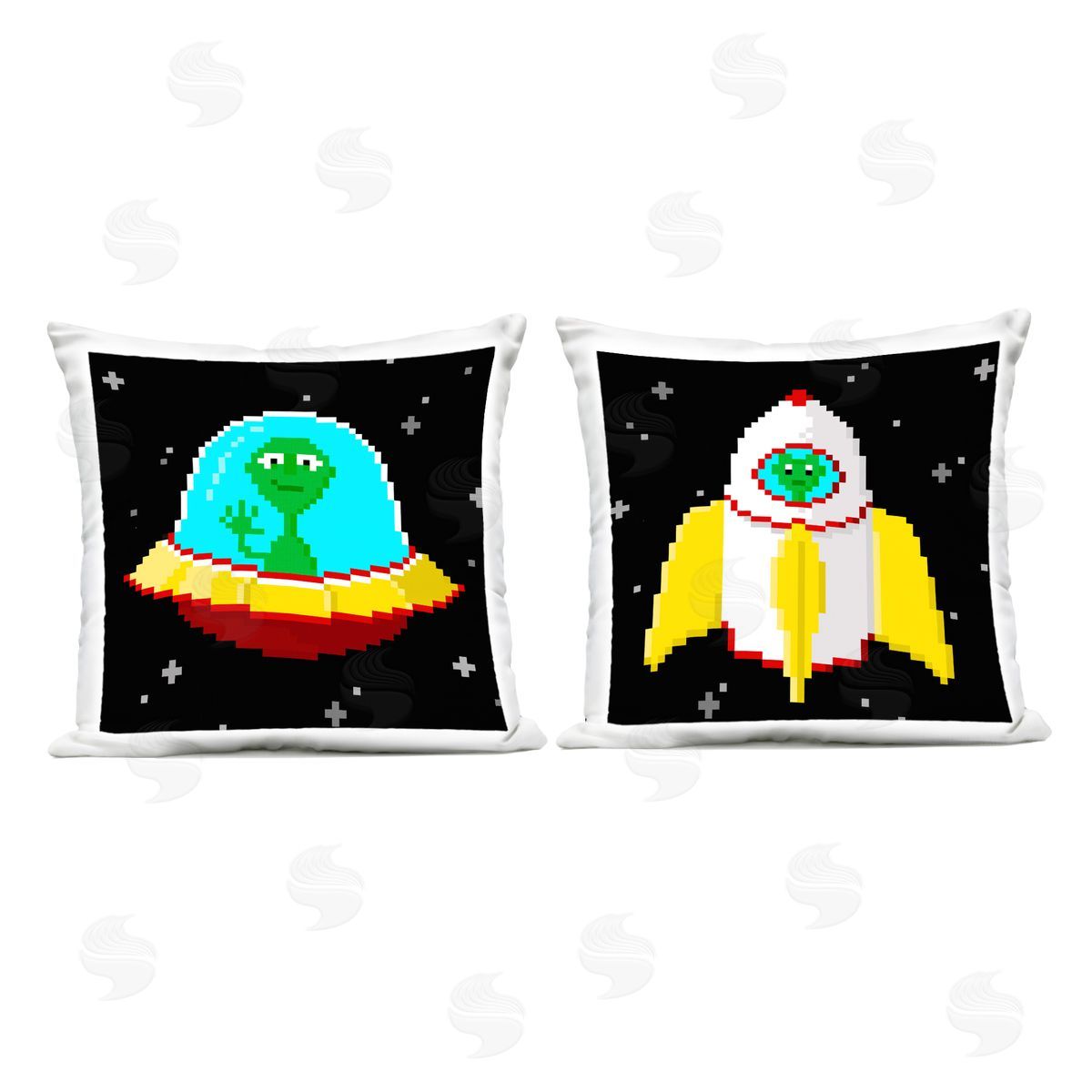 June Erica Vess Pixel Alien Spaceships Outdoor Quick-Dry Polyester Printed Throw Pillow