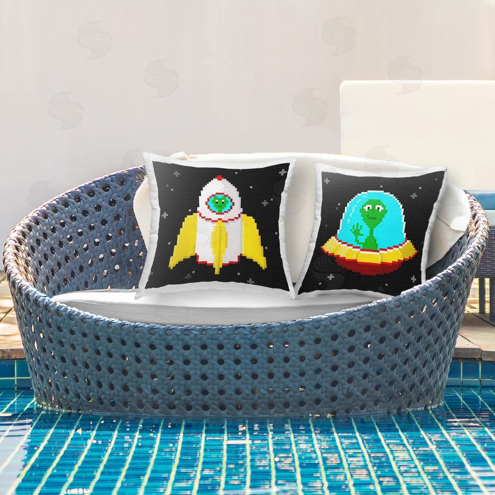 June Erica Vess Pixel Alien Spaceships Outdoor Quick-Dry Polyester Printed Throw Pillow in Back Yard