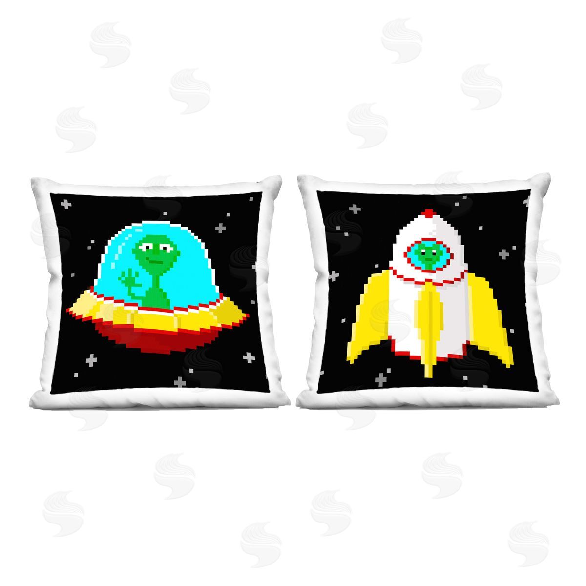 June Erica Vess Pixel Alien Spaceships Printed Plush Polyester Throw Pillow
