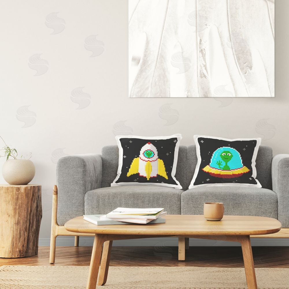 June Erica Vess Pixel Alien Spaceships Printed Plush Polyester Throw Pillow On Chair