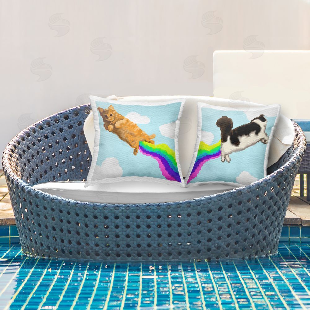 June Erica Vess Pixel Cats with Rainbows Outdoor Quick-Dry Polyester Printed Throw Pillow in Back Yard