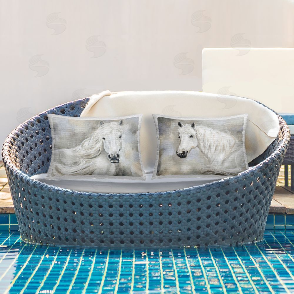 Victoria Barnes Charming White Horses Outdoor Quick-Dry Polyester Printed Throw Pillow in Back Yard