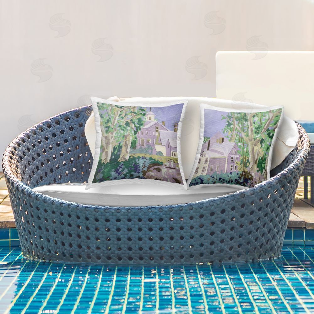 Melissa Wang Quaint Scenic Houses Outdoor Quick-Dry Polyester Printed Throw Pillow in Back Yard