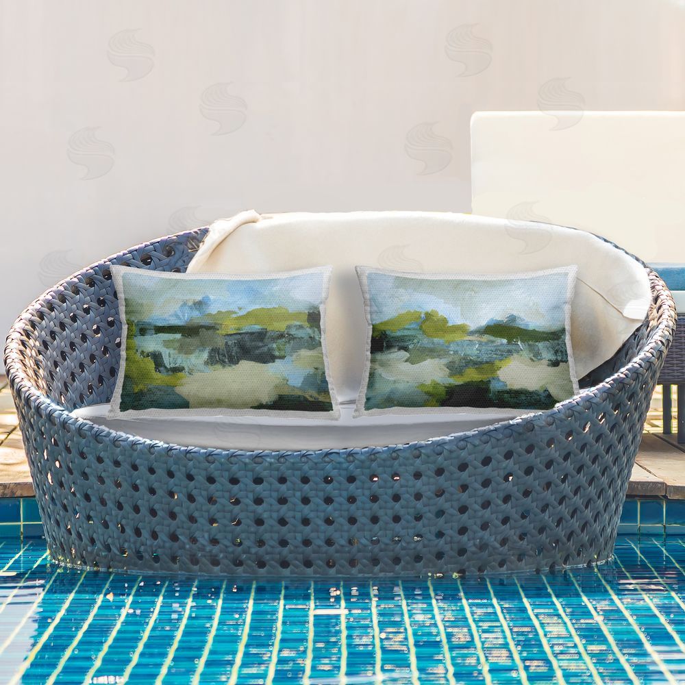 Victoria Barnes Abstraction with Green Details Outdoor Quick-Dry Polyester Printed Throw Pillow in Back Yard
