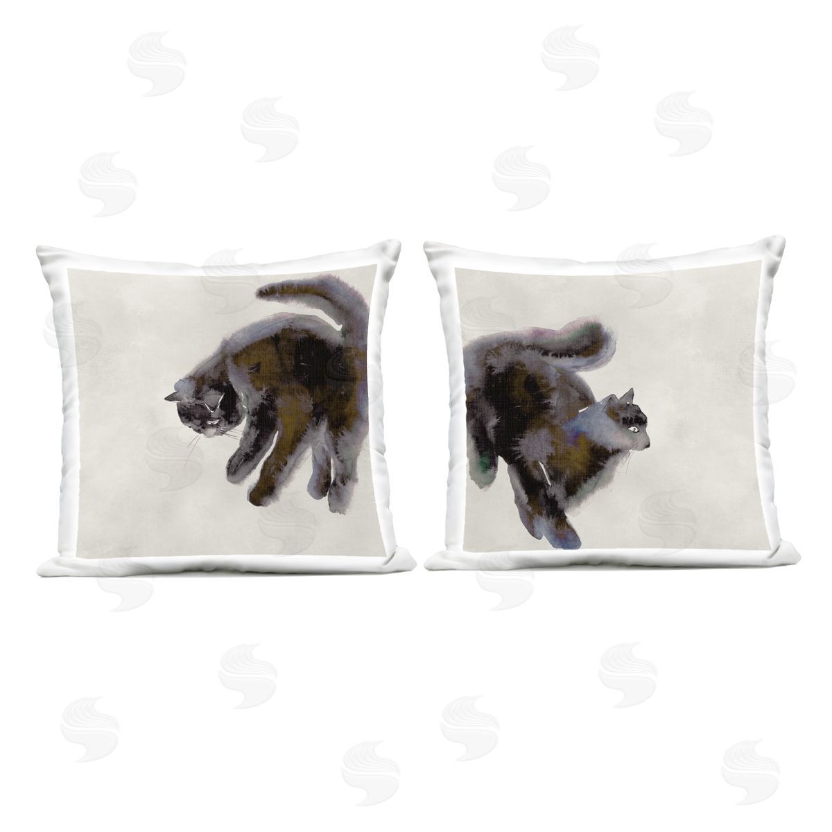 Melissa Wang Fuzzy Black Cats on Beige Outdoor Quick-Dry Polyester Printed Throw Pillow