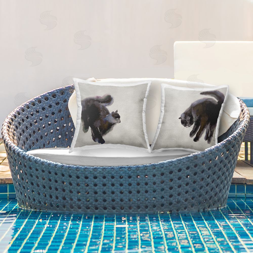 Melissa Wang Fuzzy Black Cats on Beige Outdoor Quick-Dry Polyester Printed Throw Pillow in Back Yard