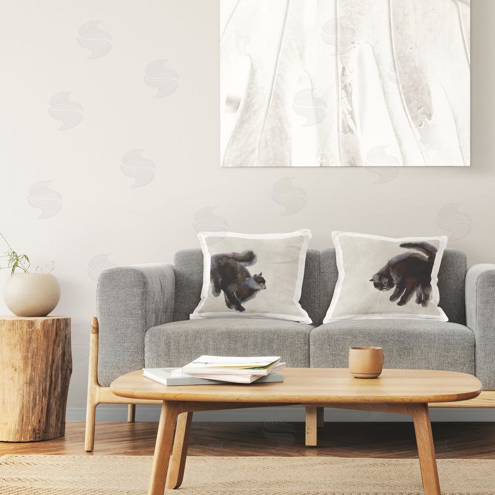 Melissa Wang Fuzzy Black Cats on Beige Printed Plush Polyester Throw Pillow On Chair