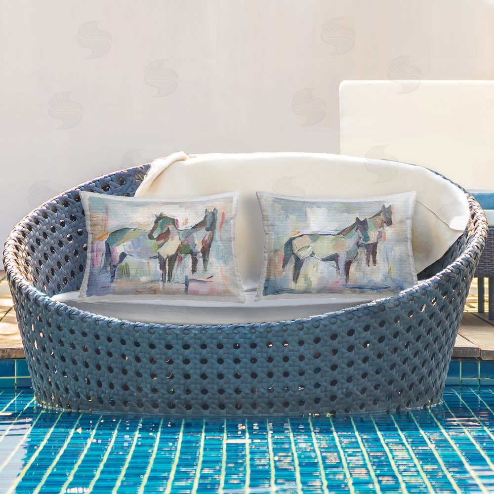 Ethan Harper Ambiguous Horse Visages Outdoor Quick-Dry Polyester Printed Throw Pillow in Back Yard