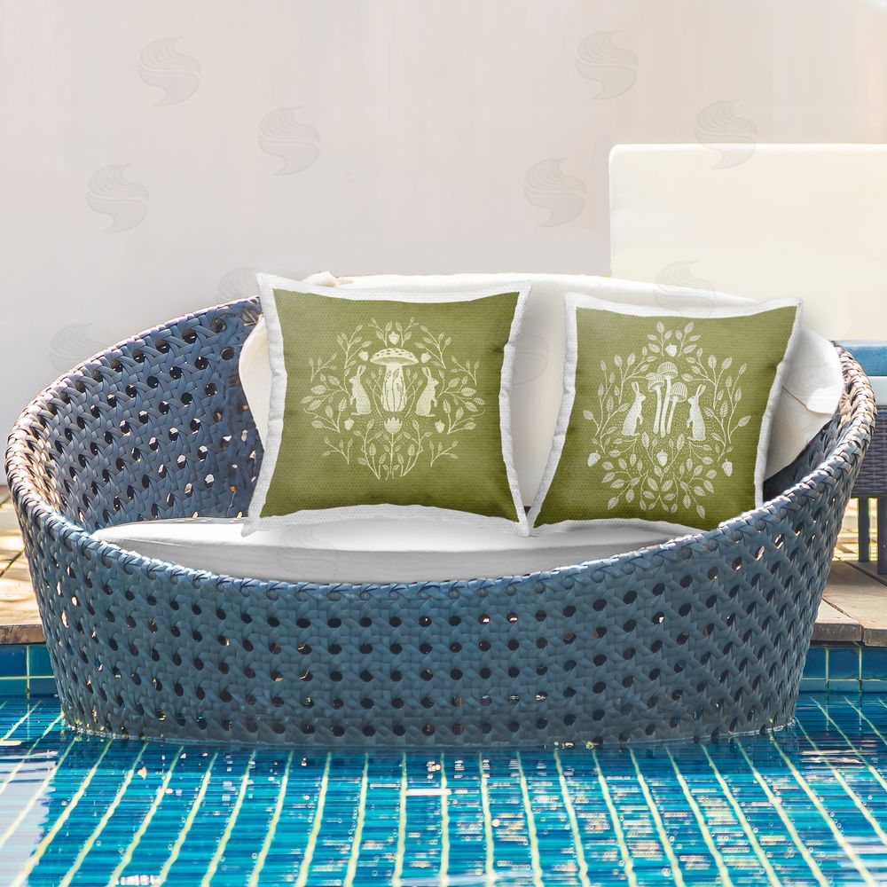 Katie O'Shea Boho Bunnies & Mushrooms Outdoor Quick-Dry Polyester Printed Throw Pillow in Back Yard