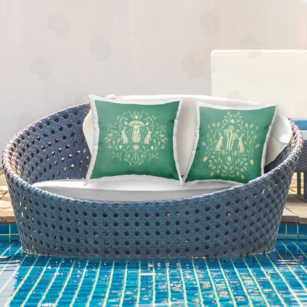 Katie O'Shea Boho Symmetrical Rabbits Outdoor Quick-Dry Polyester Printed Throw Pillow in Back Yard
