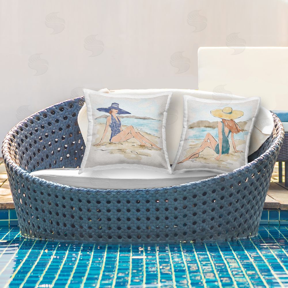 Anne Tavoletti Trendy Females on Beach Outdoor Quick-Dry Polyester Printed Throw Pillow in Back Yard