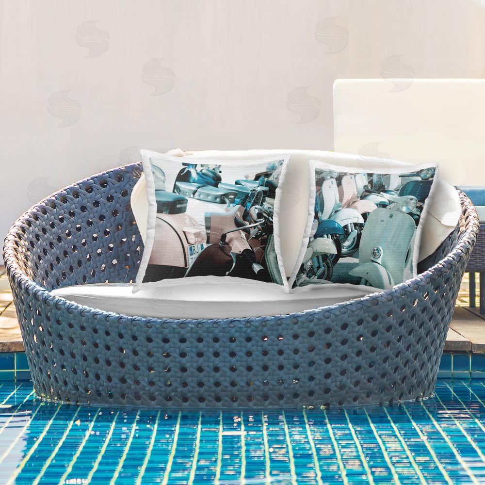 Deborah Revell Vintage Italian Scooters Outdoor Quick-Dry Polyester Printed Throw Pillow in Back Yard