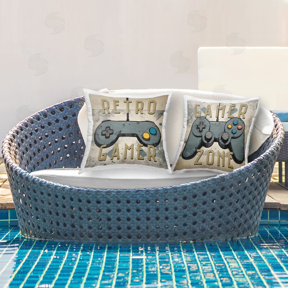 Kim Allen Retro Gamer Controllers Outdoor Quick-Dry Polyester Printed Throw Pillow in Back Yard