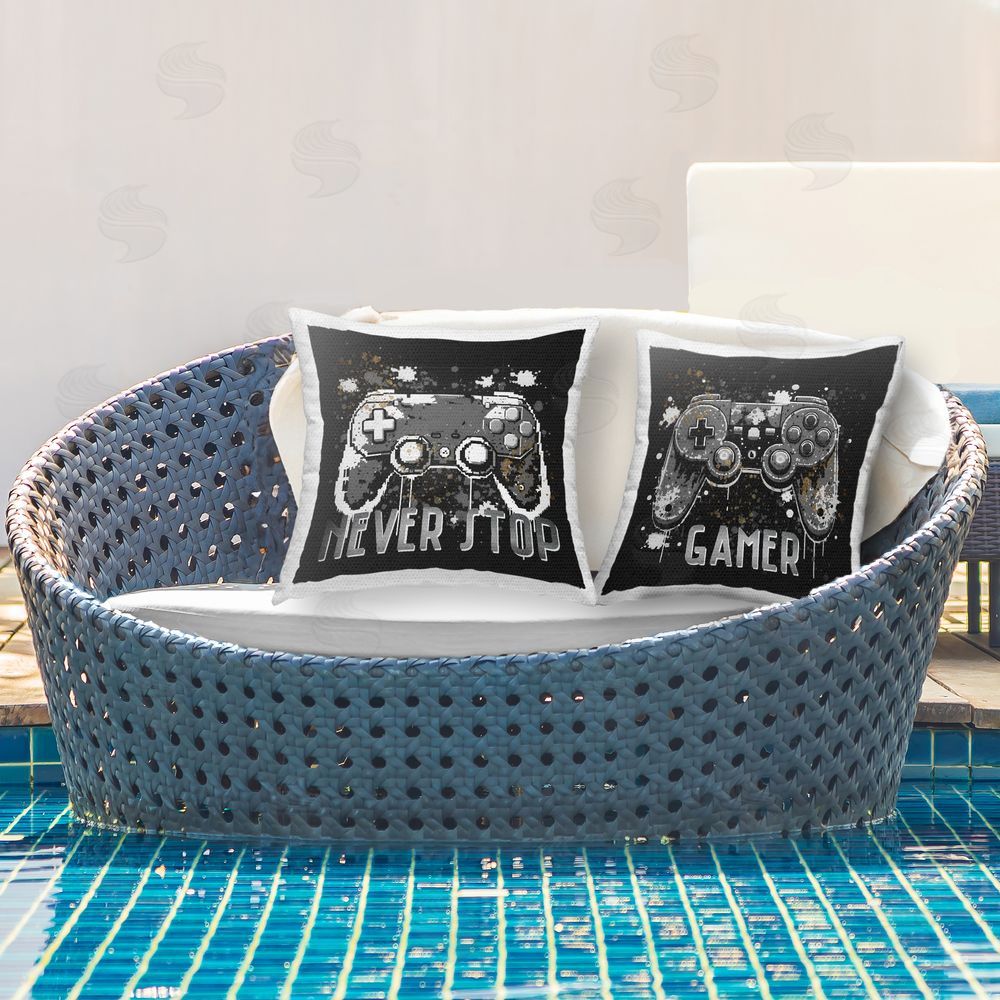 Kim Allen Never Stop Modern Gamer Outdoor Quick-Dry Polyester Printed Throw Pillow in Back Yard