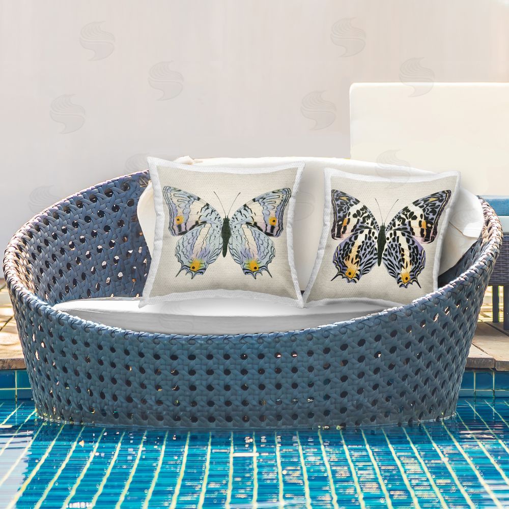 Susan Jill Intricate Blue Butterflies Outdoor Quick-Dry Polyester Printed Throw Pillow in Back Yard