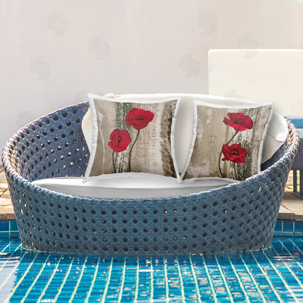 Brian Foster Poppies on Rustic Background Outdoor Quick-Dry Polyester Printed Throw Pillow in Back Yard
