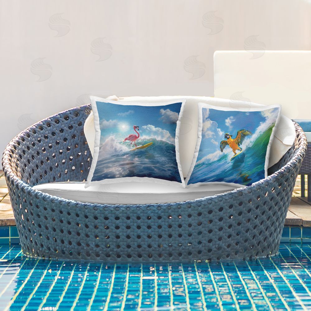Jim Baldwin Parrot & Flamingo Surf Outdoor Quick-Dry Polyester Printed Throw Pillow in Back Yard