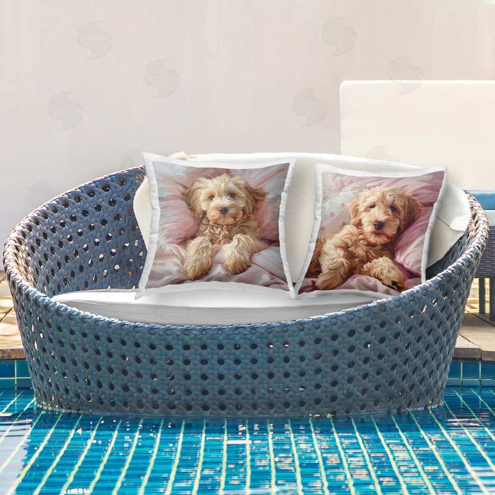 Jim Baldwin Cuddling Labradoodle in Bed Outdoor Quick-Dry Polyester Printed Throw Pillow in Back Yard