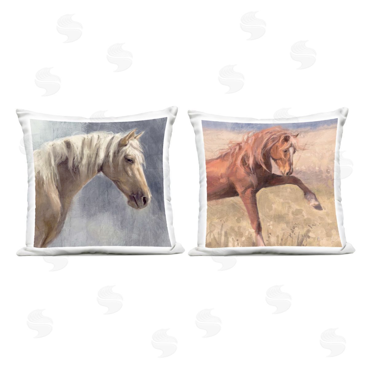Nina Blue Rustic Stallions Portraits Outdoor Quick-Dry Polyester Printed Throw Pillow