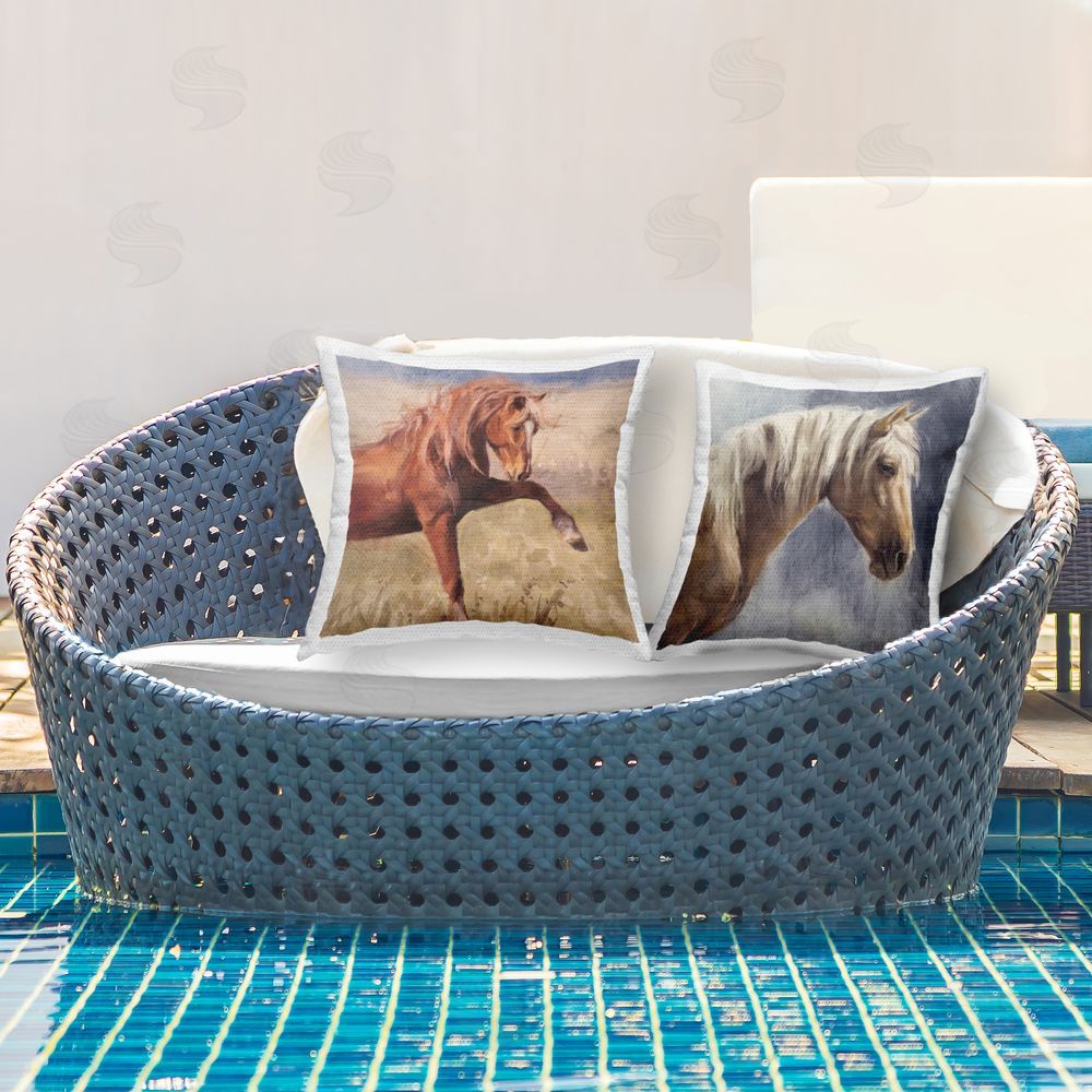 Nina Blue Rustic Stallions Portraits Outdoor Quick-Dry Polyester Printed Throw Pillow in Back Yard