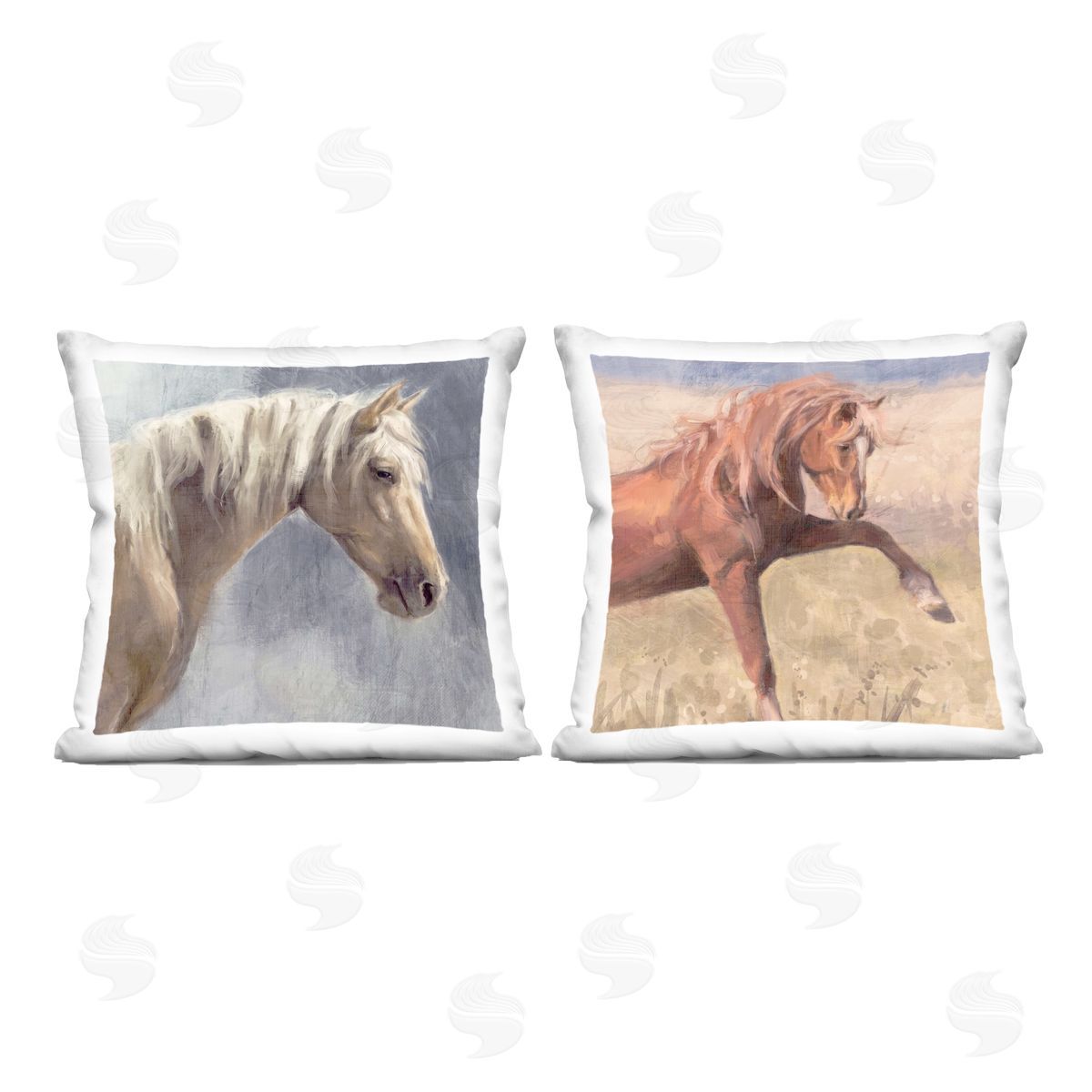 Nina Blue Rustic Stallions Portraits Printed Plush Polyester Throw Pillow