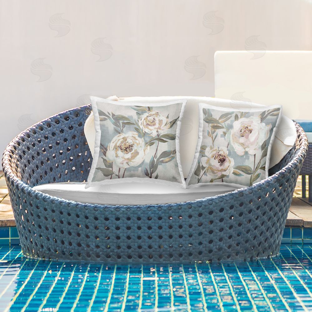 Nina Blue Country Antique Blossoms Outdoor Quick-Dry Polyester Printed Throw Pillow in Back Yard