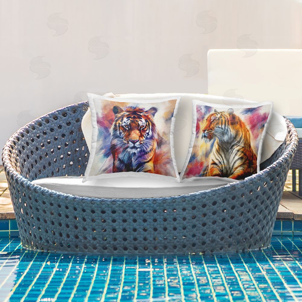 Kim Allen Prowling Jungle Tigers Outdoor Quick-Dry Polyester Printed Throw Pillow in Back Yard